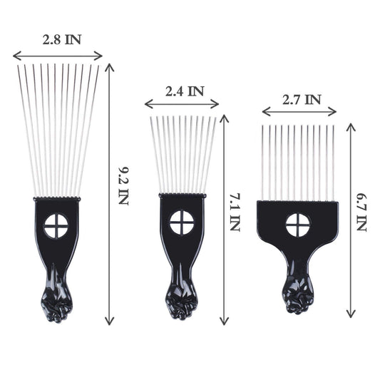 Close up of black fist handle on metal afro comb
