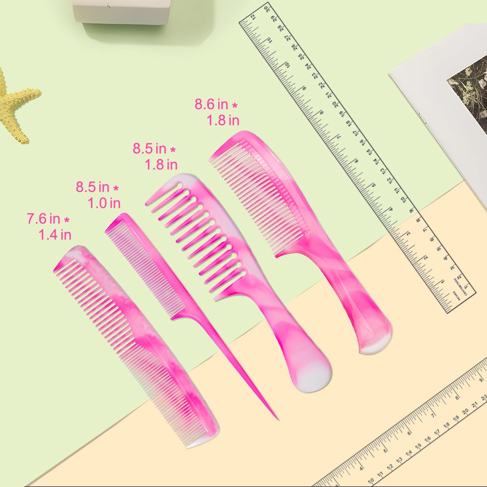 Fhallynn 4-piece pink hair comb kit showing wide and fine teeth