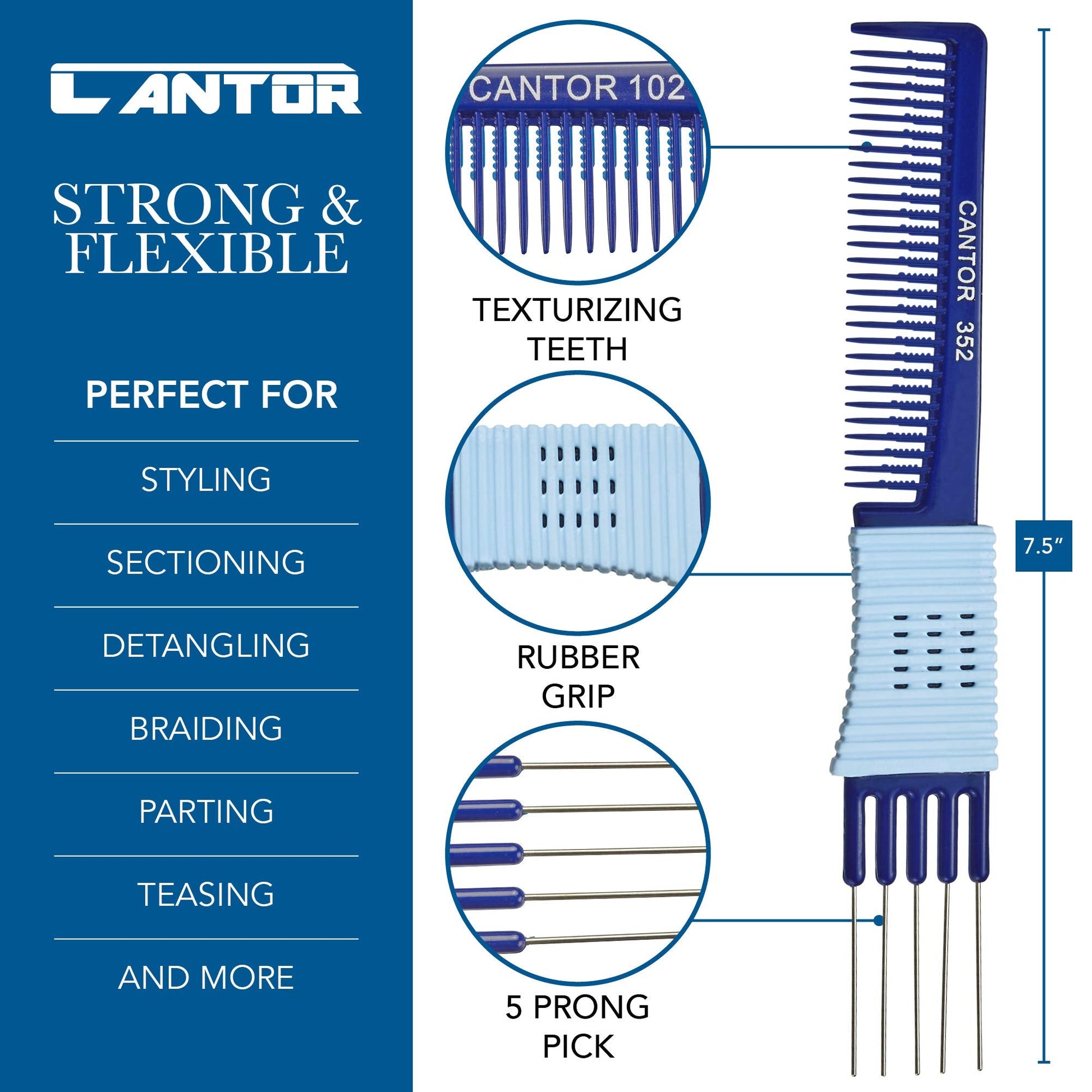 Cantor stainless steel 5-prong hair pick detail