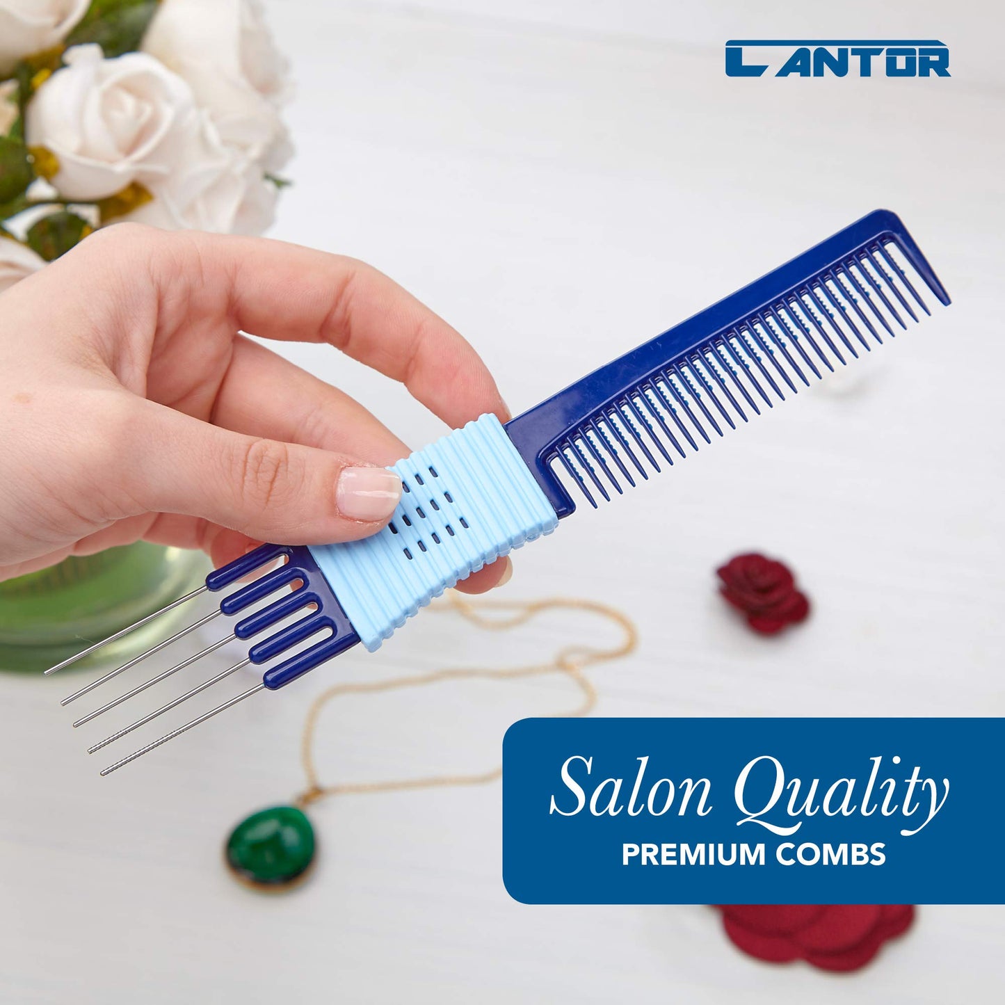 Close up of Cantor hair comb with rubberized grip