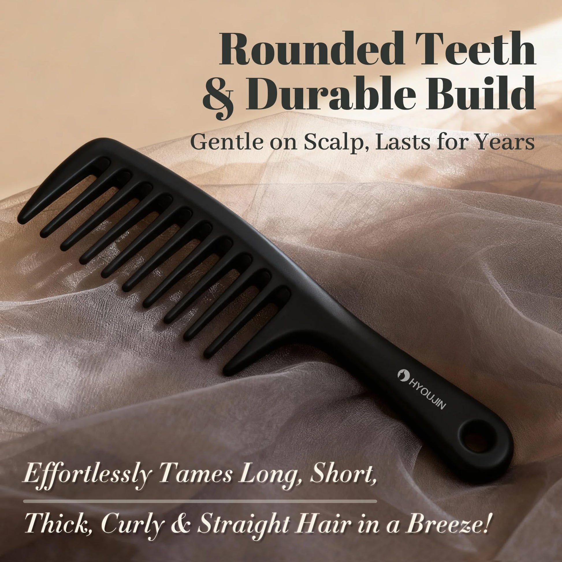 HYOUJIN black wide tooth comb showing the ergonomic handle and integrated hanging hole.
