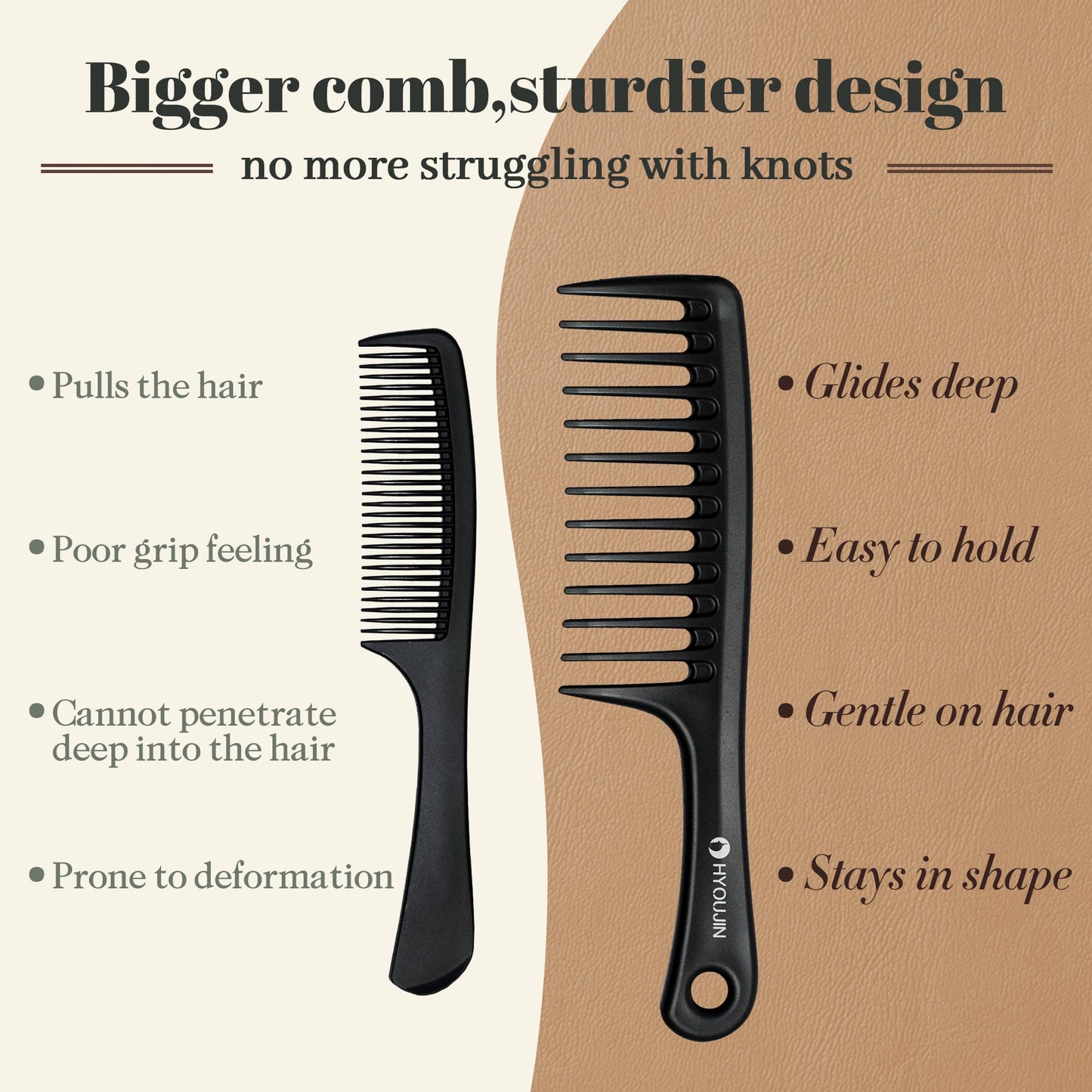 Side profile of the lightweight HYOUJIN detangling paddle brush for long thick hair.