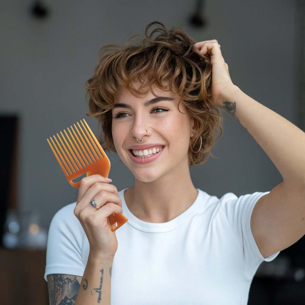 Close up of the wide teeth on the Cricket oil-infused volumizing hair pick.