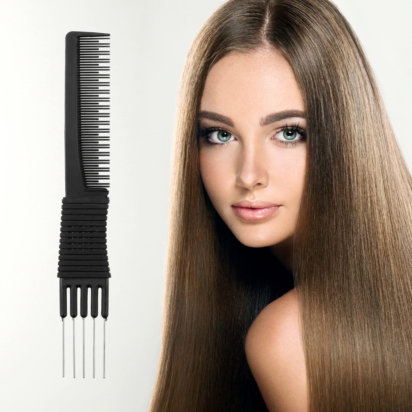 Close up view of the five stainless steel lift prongs on the black salon teasing hair comb