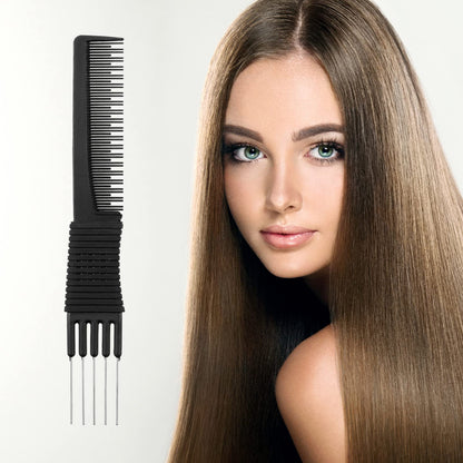 Close up view of the five stainless steel lift prongs on the black salon teasing hair comb