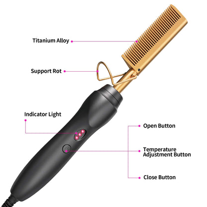 Side profile of BudiGl hot comb showing temperature adjustment
