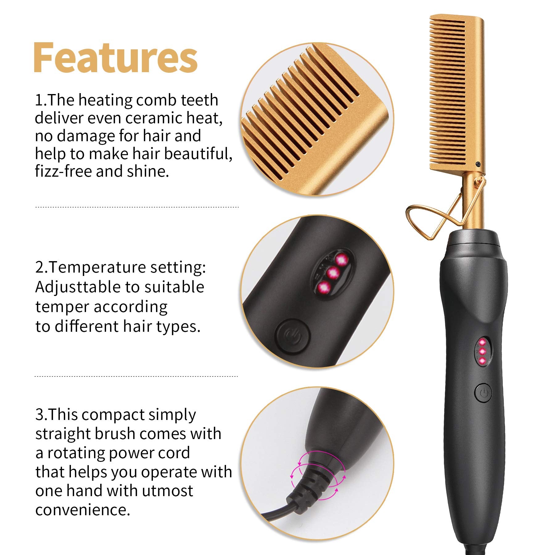 Ergonomic handle and power cable of ceramic straightening comb