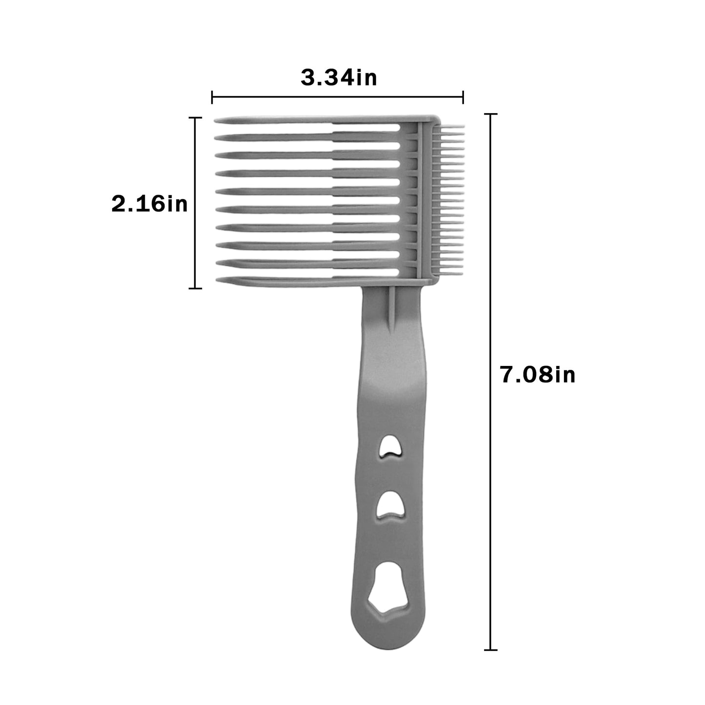 Close up of curved teeth design on gray barber comb