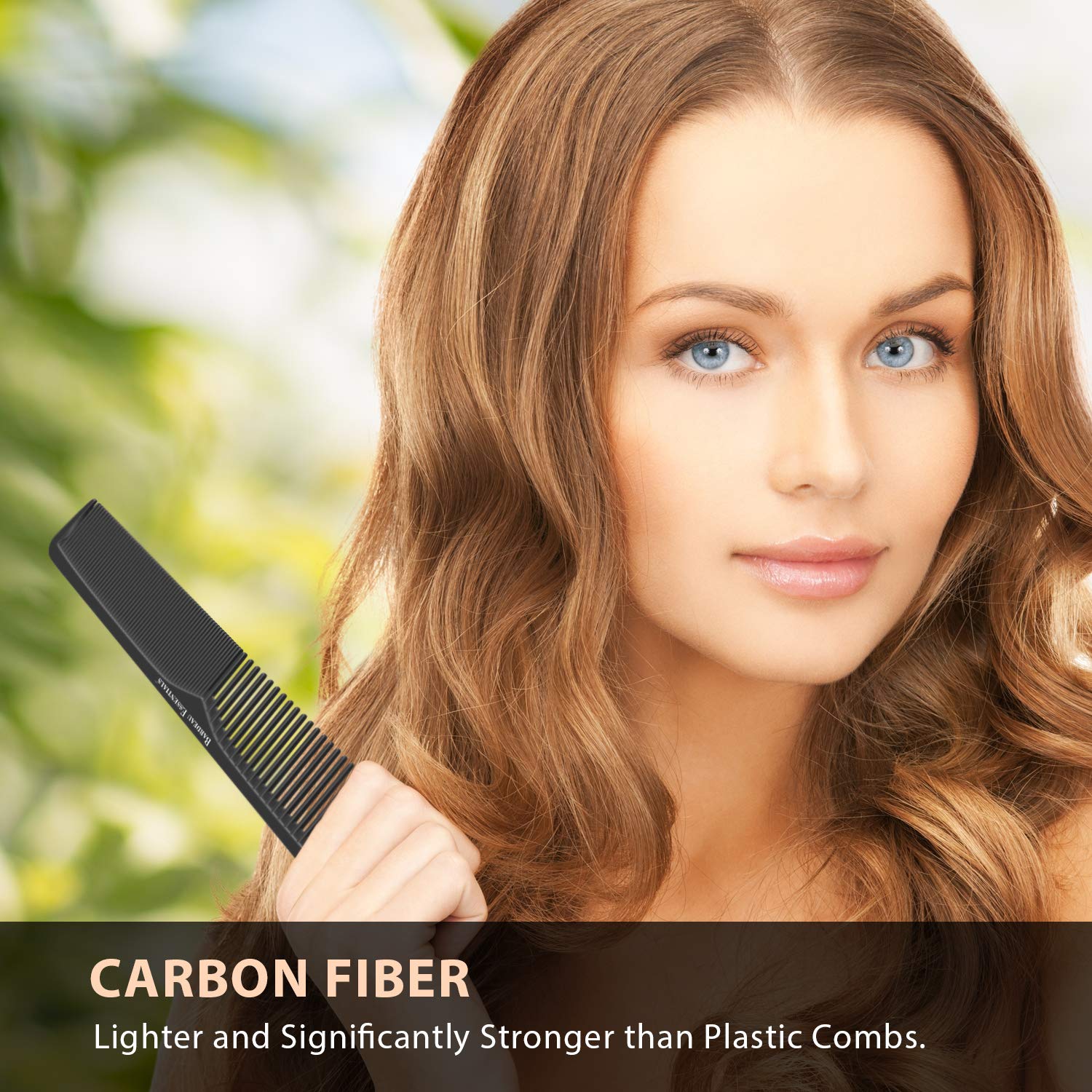 Hand holding Bardeau Essentials professional carbon fiber styling comb