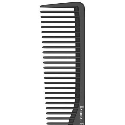 Detailed view of carbon fiber texture on Bardeau Essentials styling comb