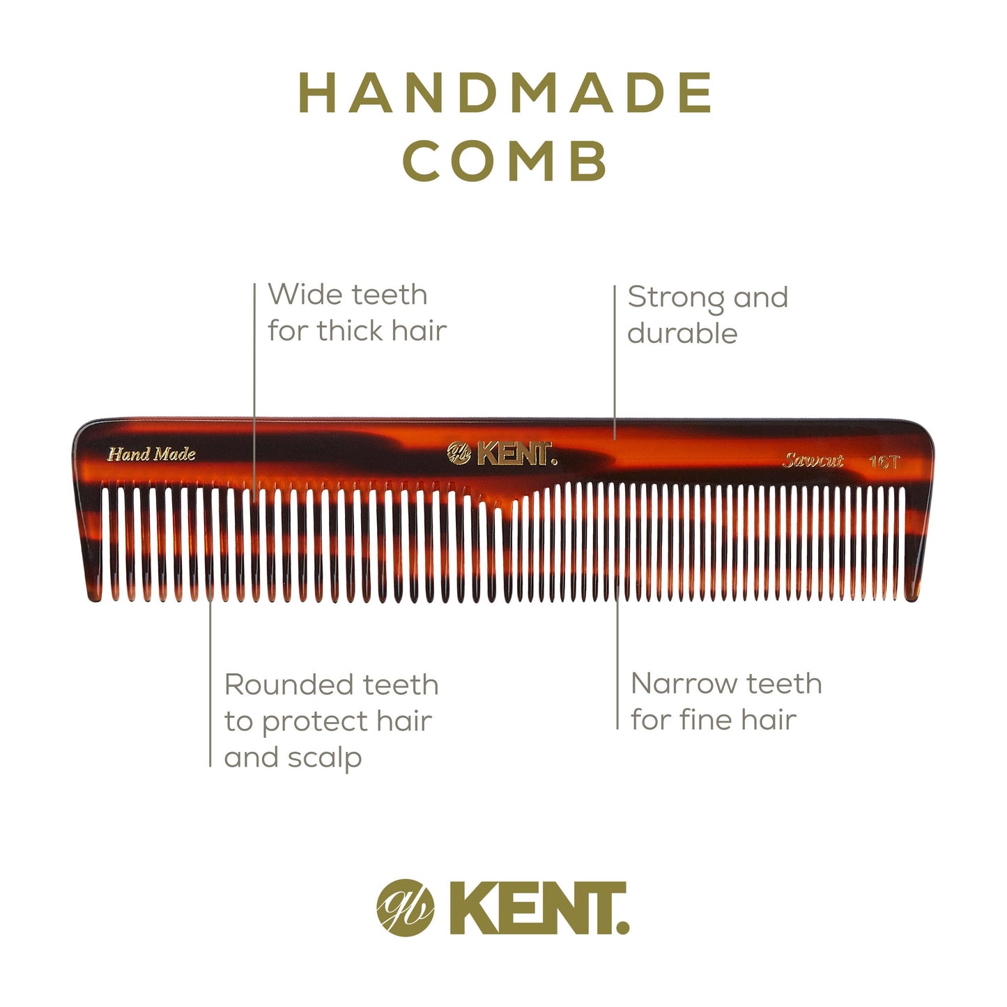 Kent 16T tortoise shell pattern hair styling comb close up