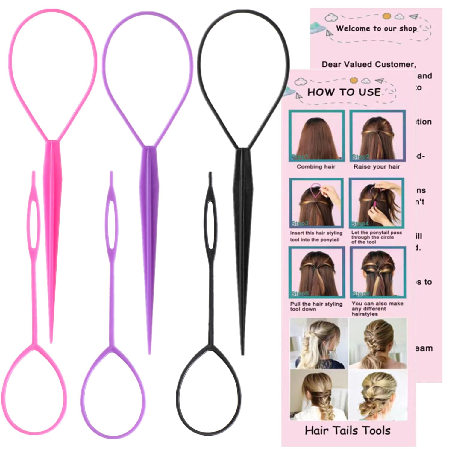 Close up of Luumxai topsy tail styling tools in pink purple and black
