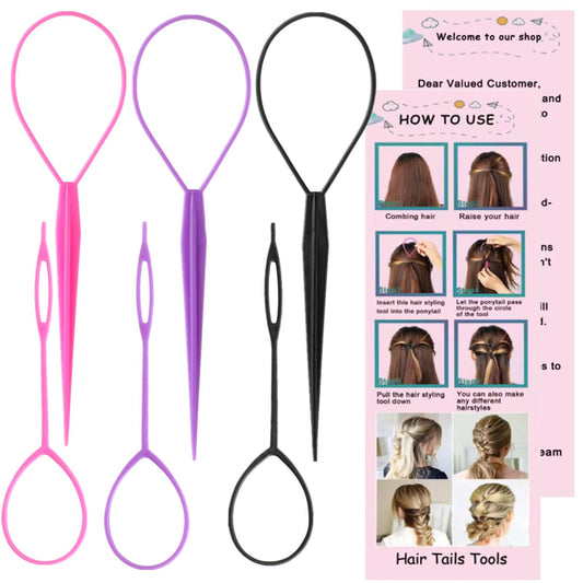 Close up of Luumxai topsy tail styling tools in pink purple and black