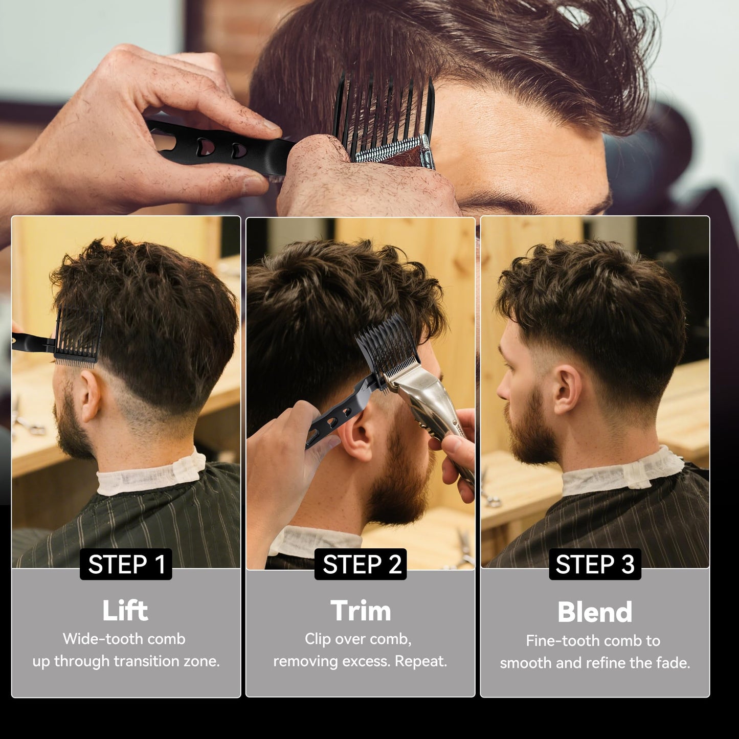 Close up of professional barber comb teeth
