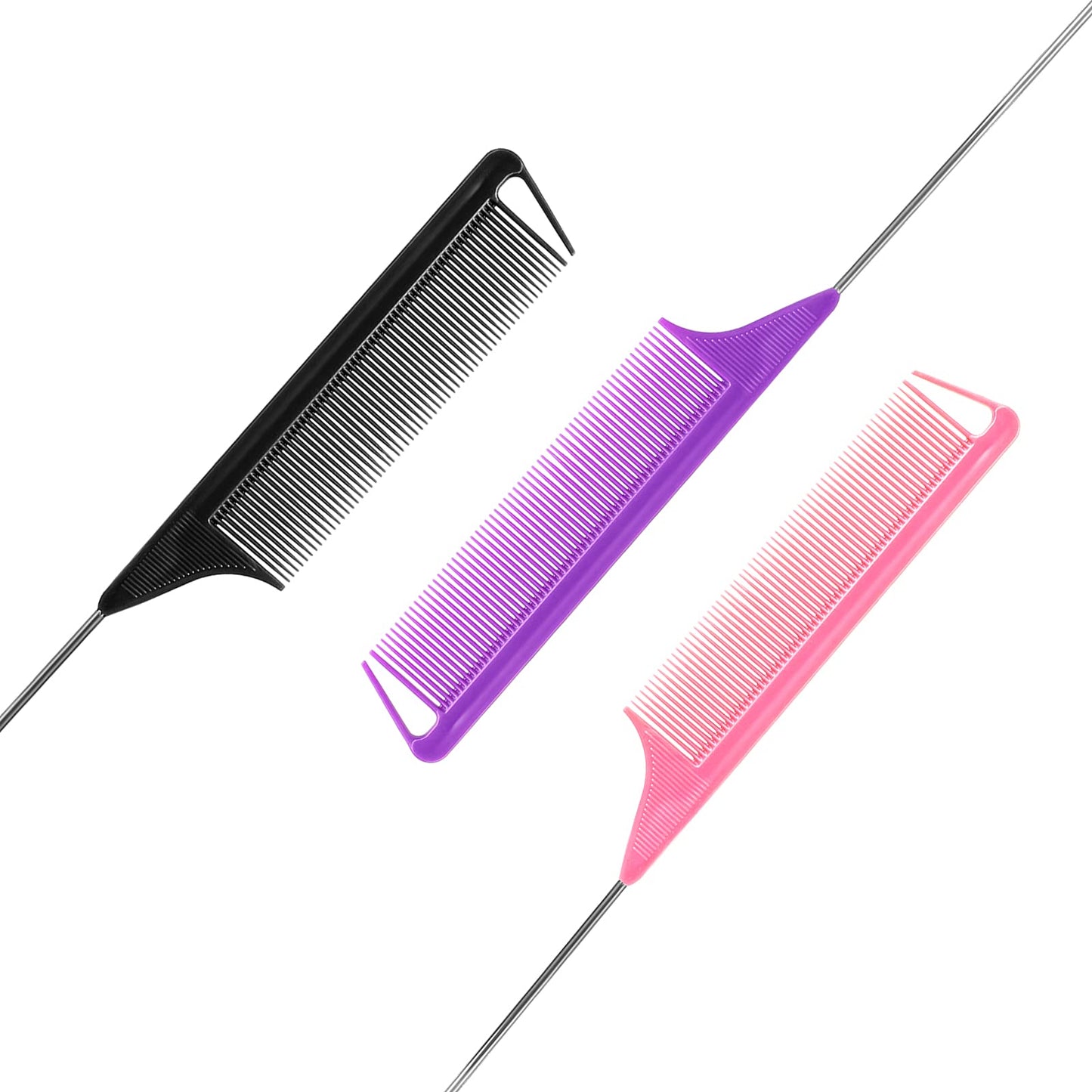 Close up view of stainless steel tail for precise hair parting