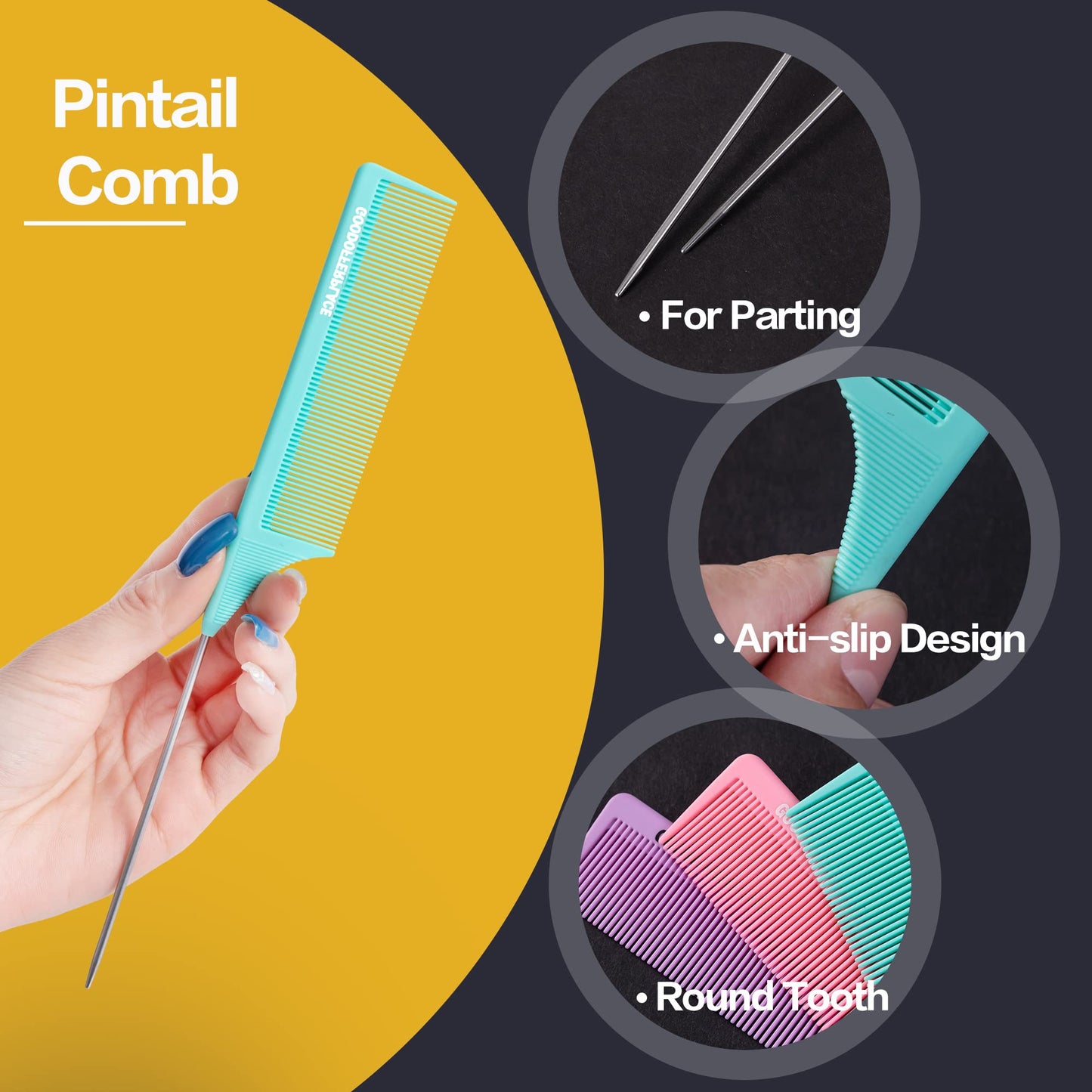 Three colored rat tail combs for professional hair styling
