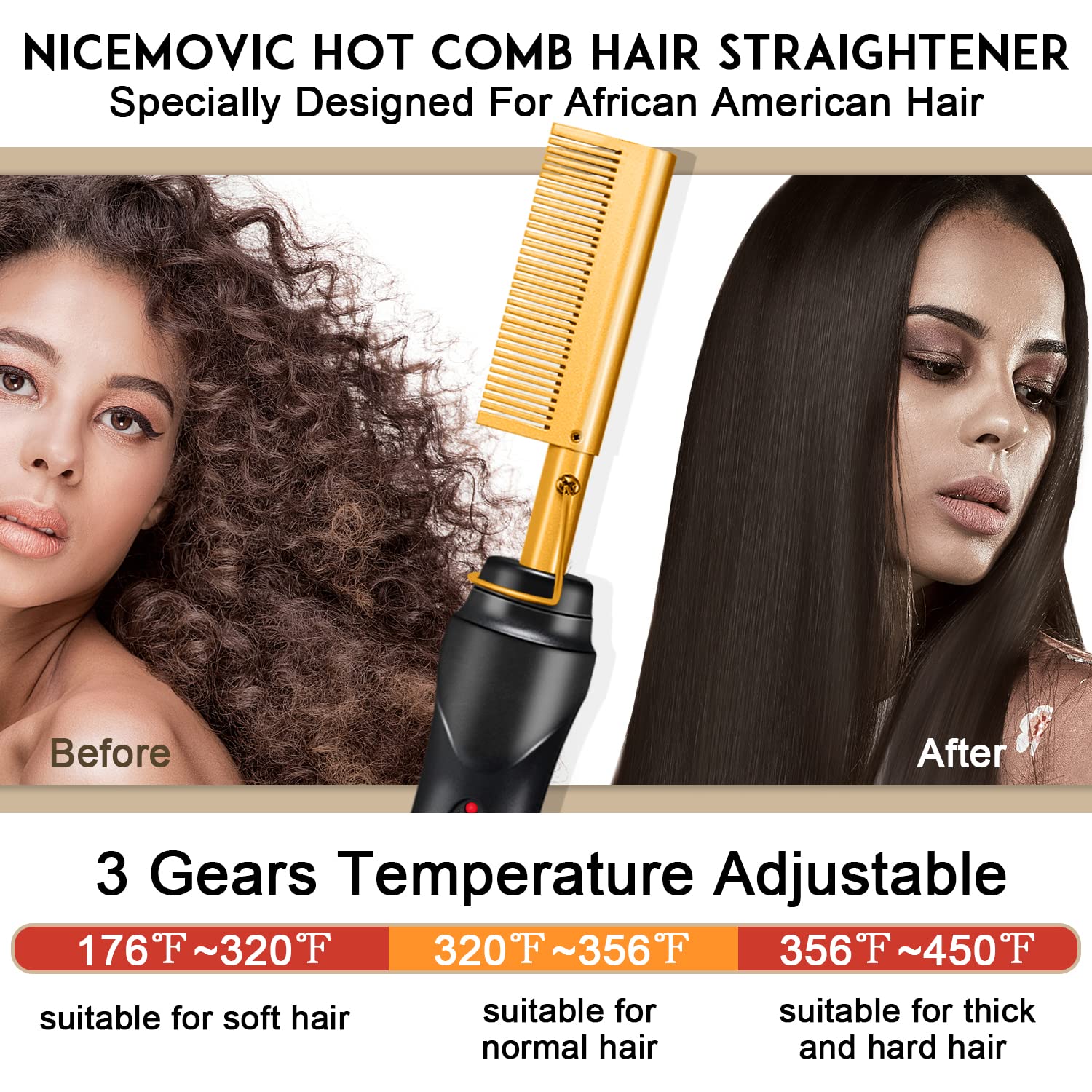 Nicemovic hot comb showing temperature control buttons