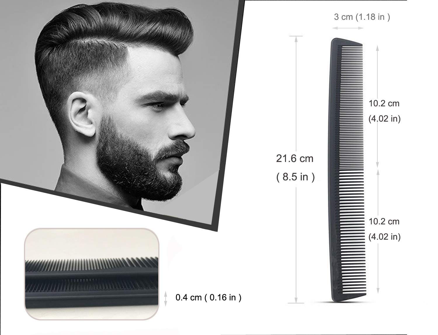 Close up of fine and wide teeth on the anti static barber cutting comb.