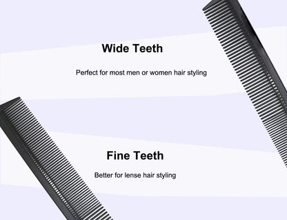 Durable dual purpose carbon fiber barber comb for precise parting and braiding.