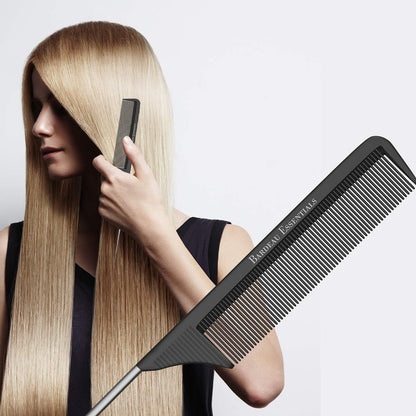 Bardeau Essentials 8.8 inch black tail comb held flat showcasing accurate dimensions and fine teeth spacing