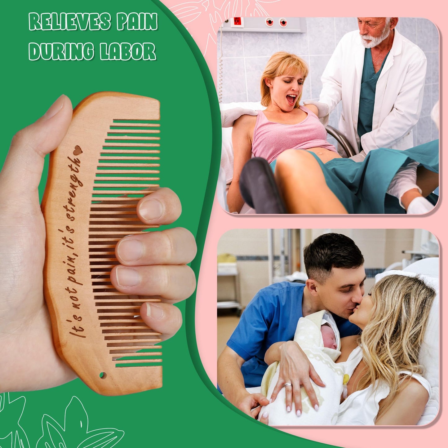 Ergonomic wooden birthing comb for hospital bag