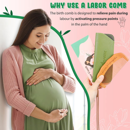 Hand holding natural wood labor comb for pain relief