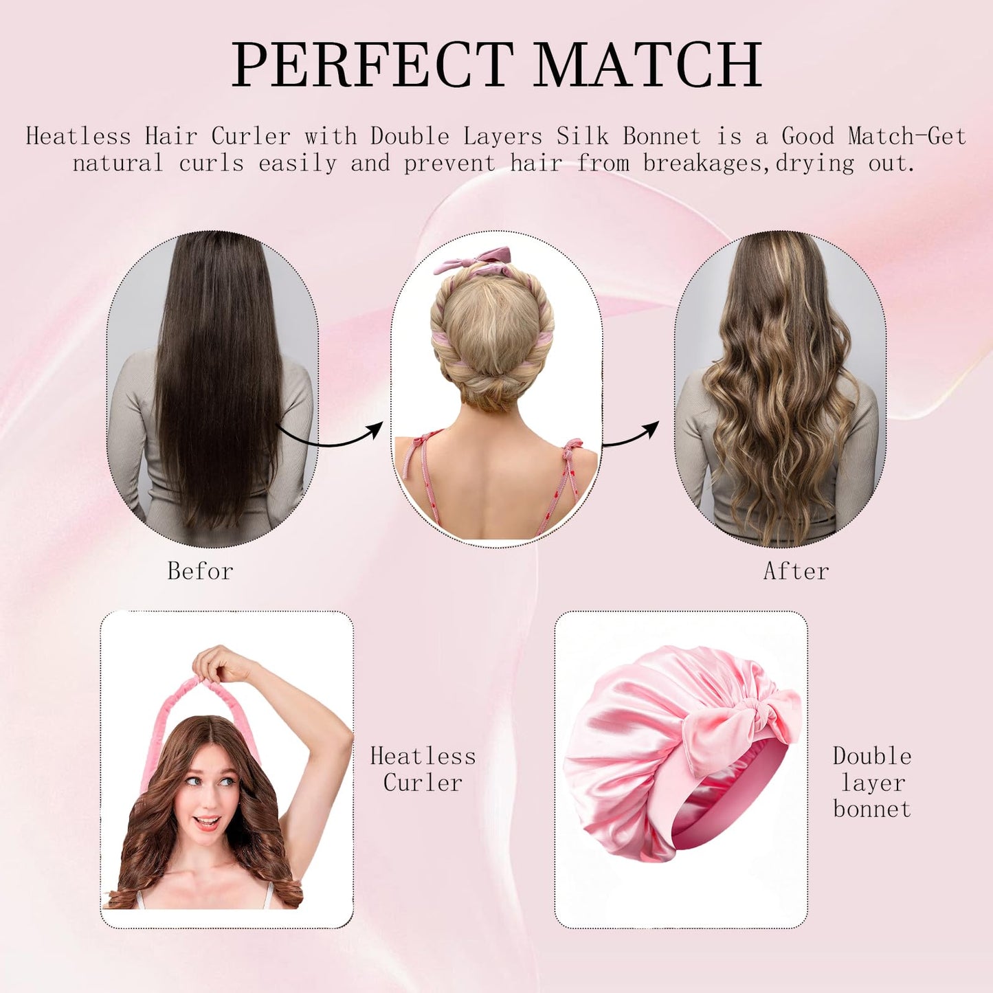Fgail double layer silk satin sleep bonnet in pink for frizz free hair protection