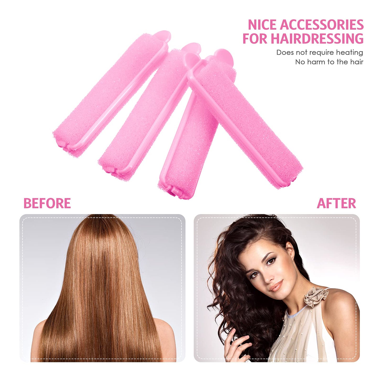 Forty two pieces of pink foam curlers arranged neatly demonstrating lightweight heat free hair design