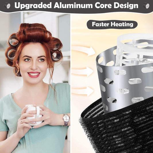 Close up look at the three different sizes of black self grip velcro curlers showing the heat retaining thermal core