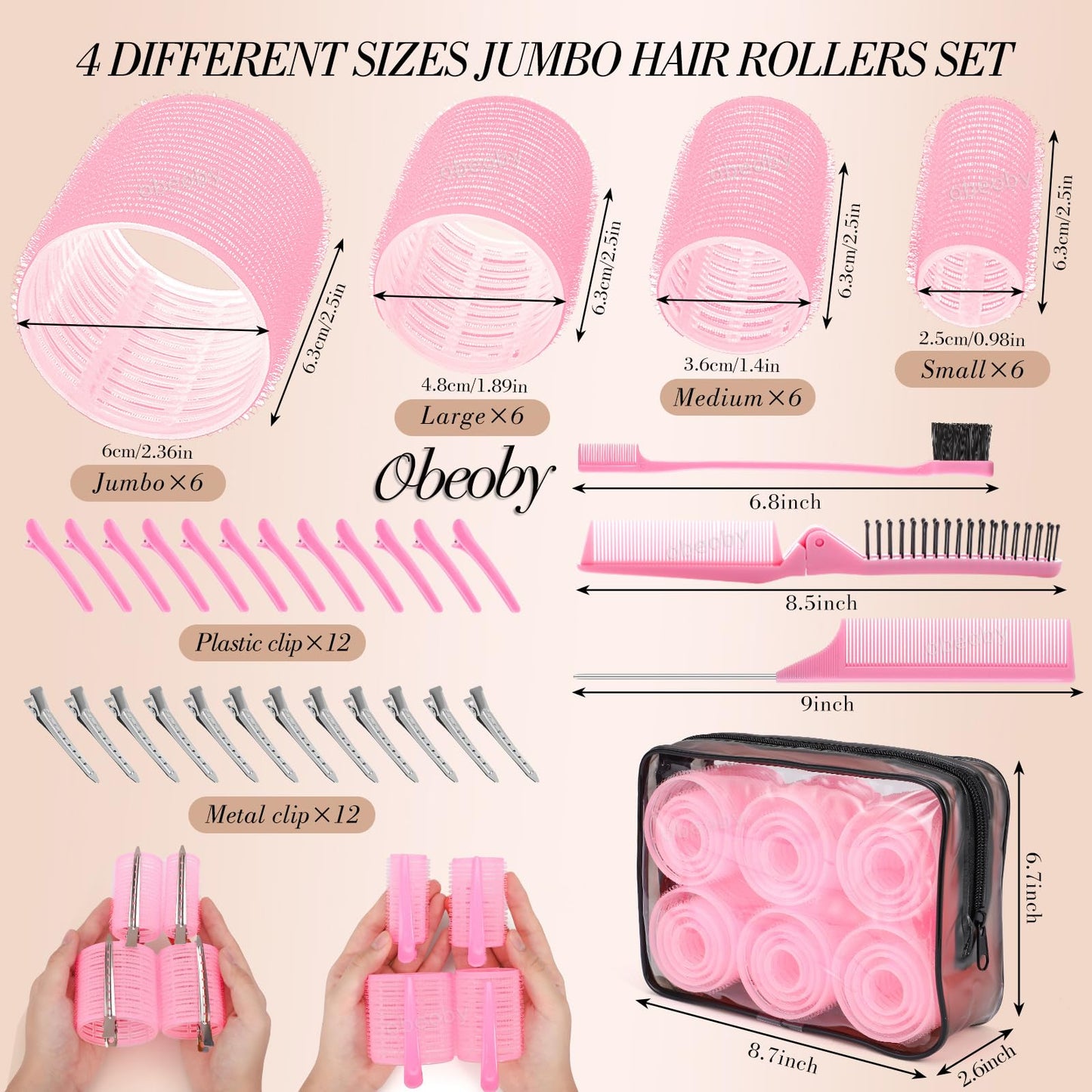 Obeoby heatless hair curlers collection displayed with pink styling clips