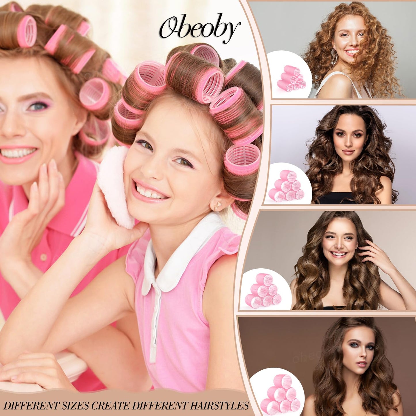 Obeoby hair rollers for women showing four different millimetre diameters