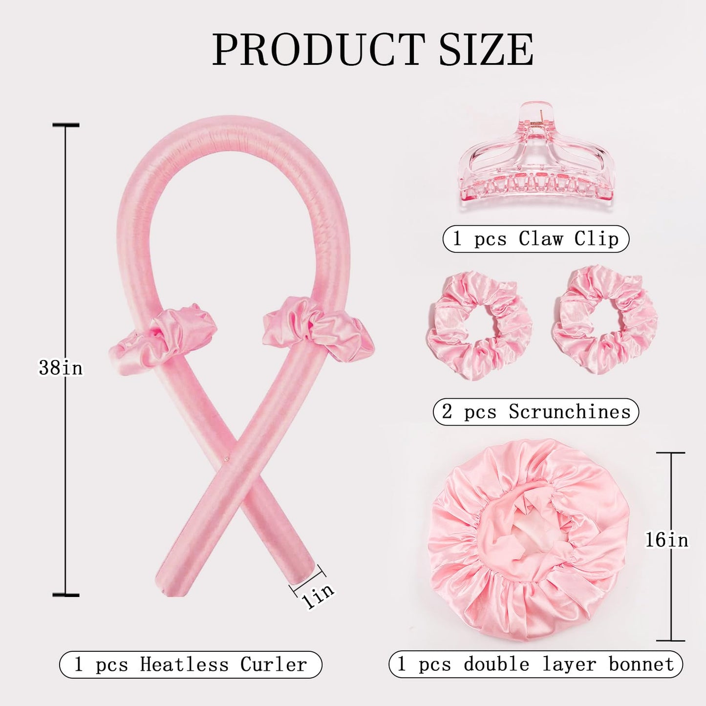 Double layer pink satin sleep bonnet included in the overnight hair curlers set