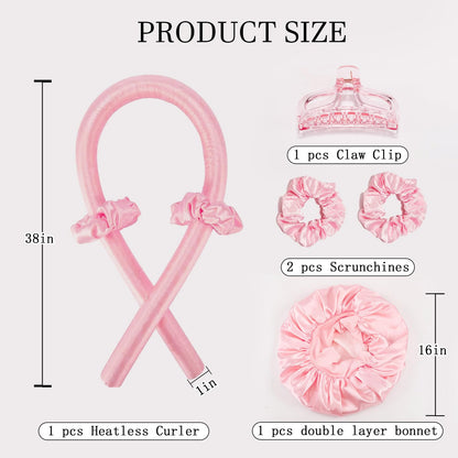 Double layer pink satin sleep bonnet included in the overnight hair curlers set