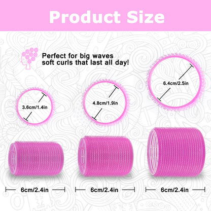 Three different sizes of heatless velcro curlers displayed with accompanying duckbill clips