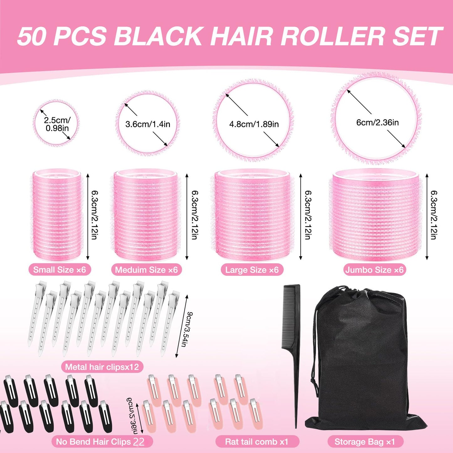 Four different sizes of pink Velcro hair curlers organized next to a black styling comb