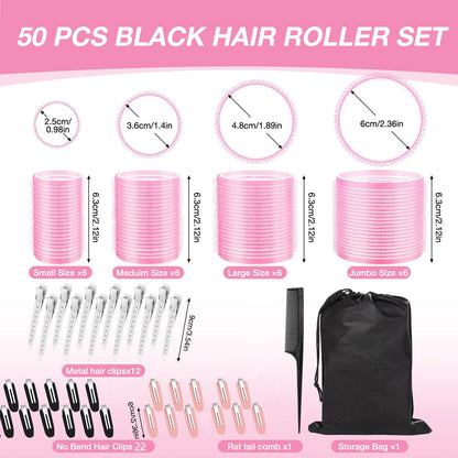 Four different sizes of pink Velcro hair curlers organized next to a black styling comb