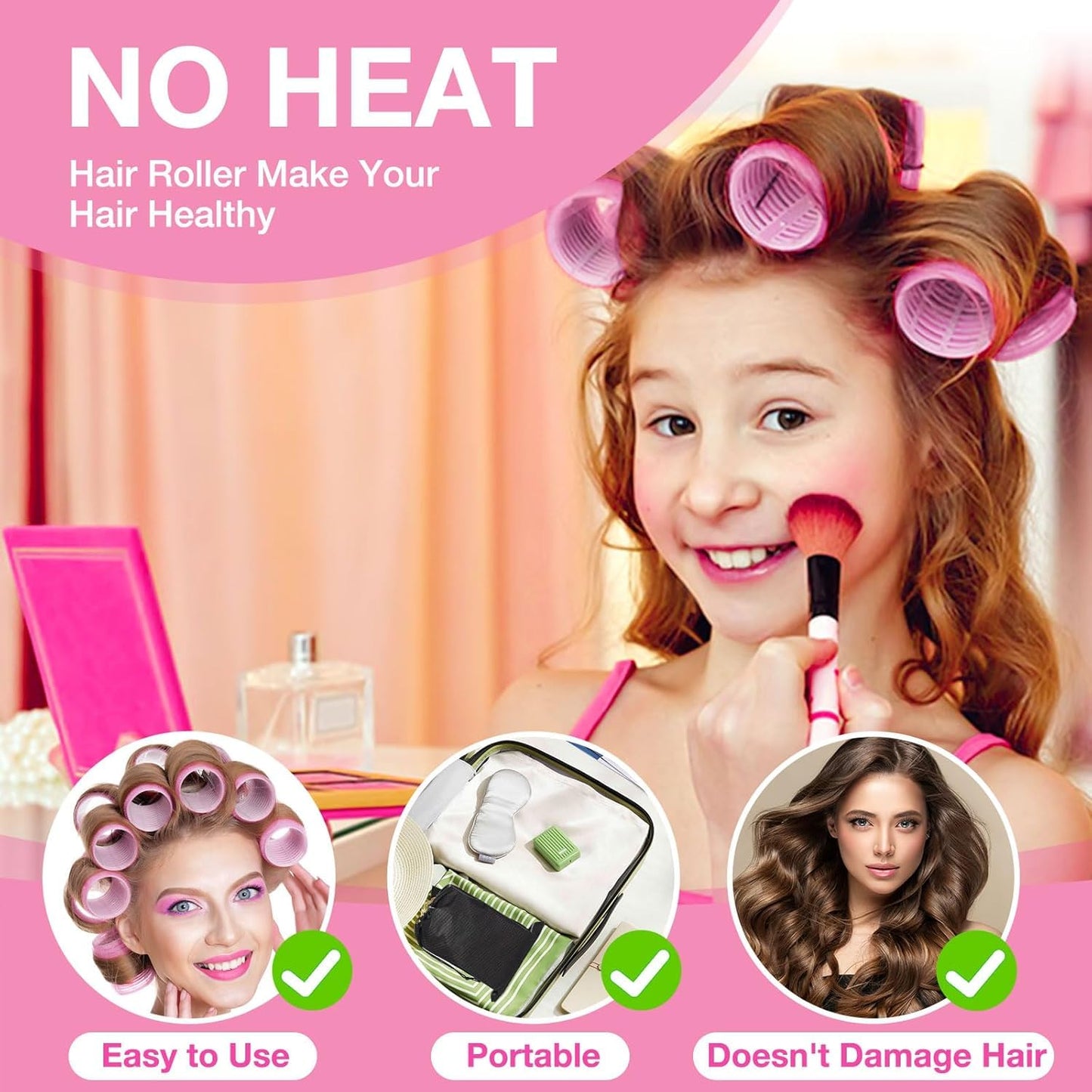 Heatless volume hair rollers being secured with non-slip metal styling clips on medium hair
