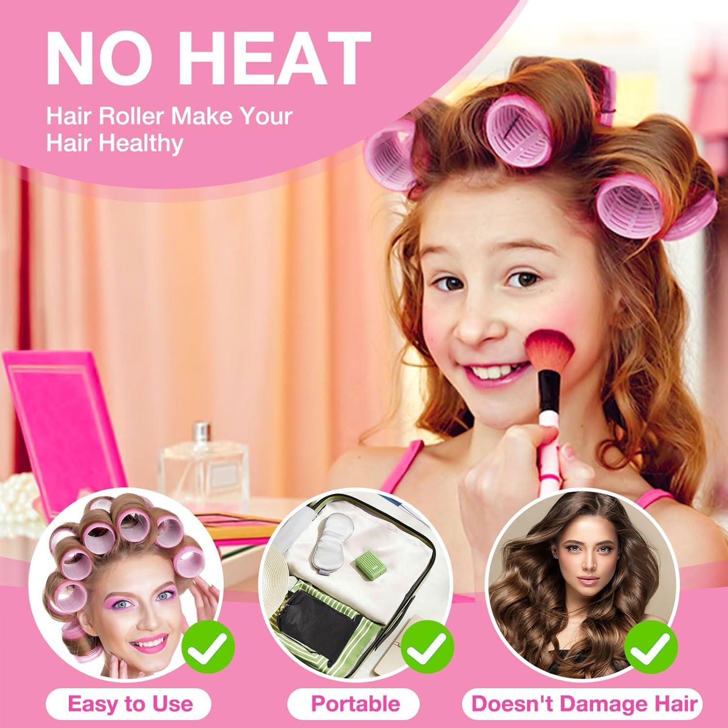 Heatless volume hair rollers being secured with non-slip metal styling clips on medium hair
