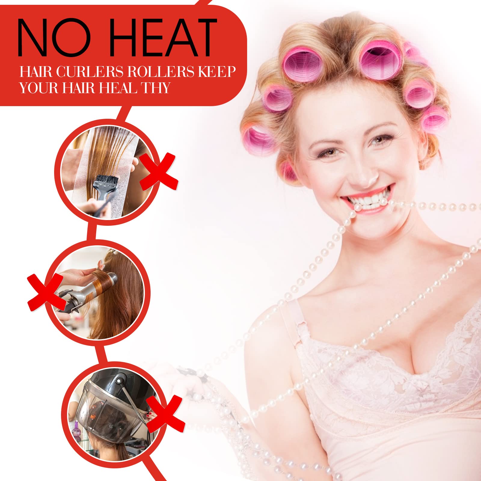 Heatless hair curling tools showing rollers and metal clips packaging layout