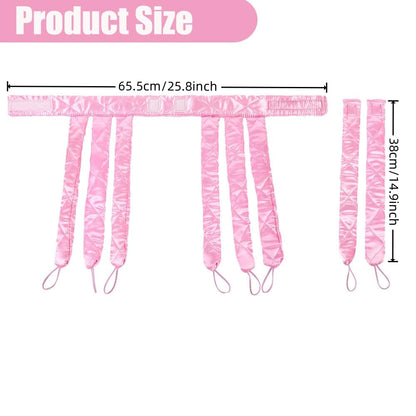 Demonstration of the adjustable headband strap on the pink heatless hair roller for women.