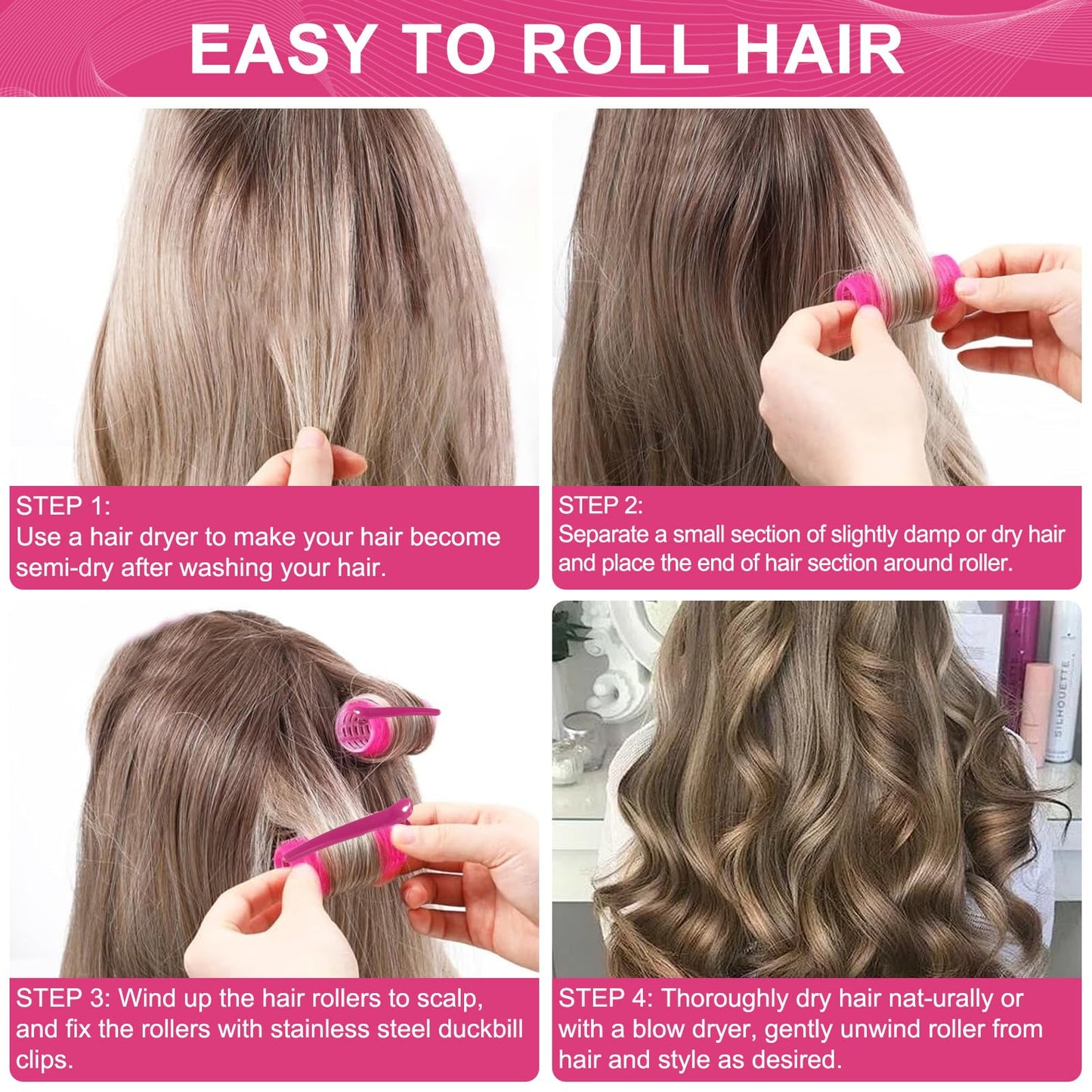 Besseek hair rollers set with securing clips arranged neatly