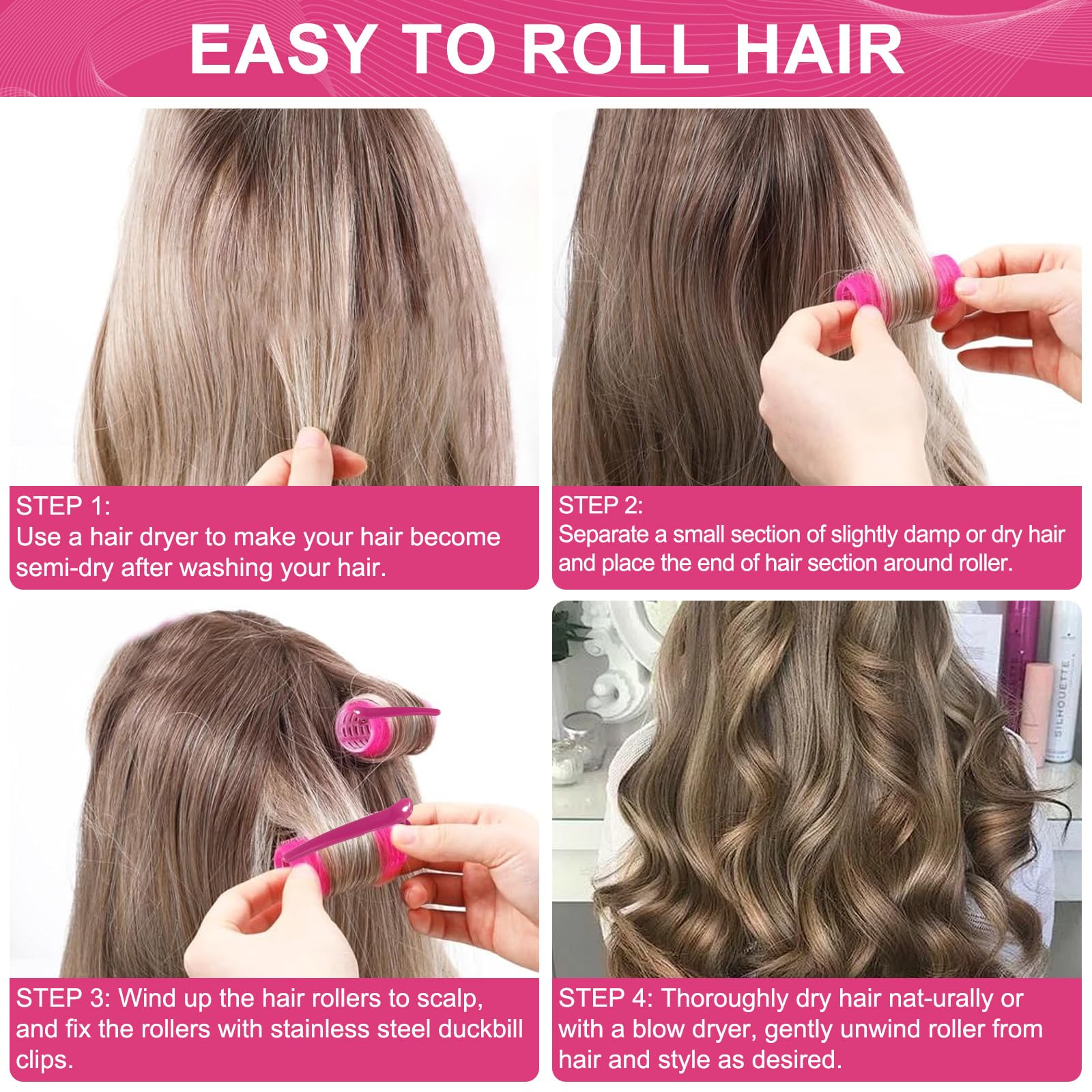 Besseek hair rollers set with securing clips arranged neatly