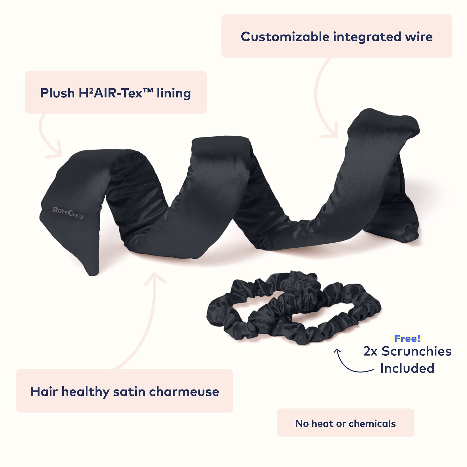 Close up view of the black satin robe curls headband detailing the premium poly charmeuse fabric texture.
