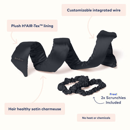 Close up view of the black satin robe curls headband detailing the premium poly charmeuse fabric texture.
