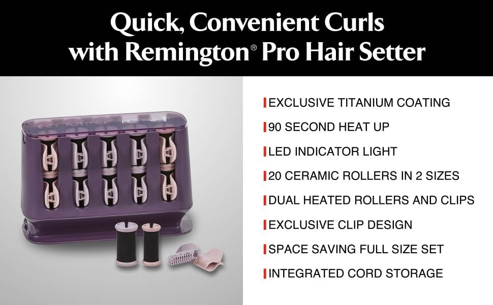 Remington hot rollers and curlers showing the twelve large and eight medium ceramic rollers inside the base