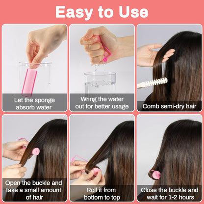 Soft pink sponge rollers with snap on frames for damage free hair curling.
