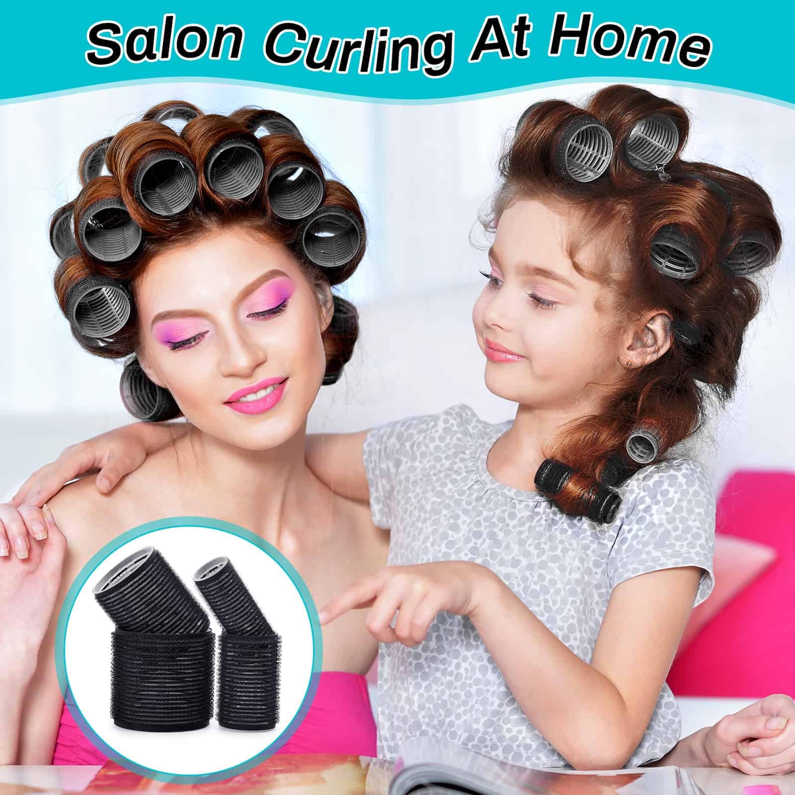 Four different sizes of Selizo black self grip hair rollers displayed with dimensions