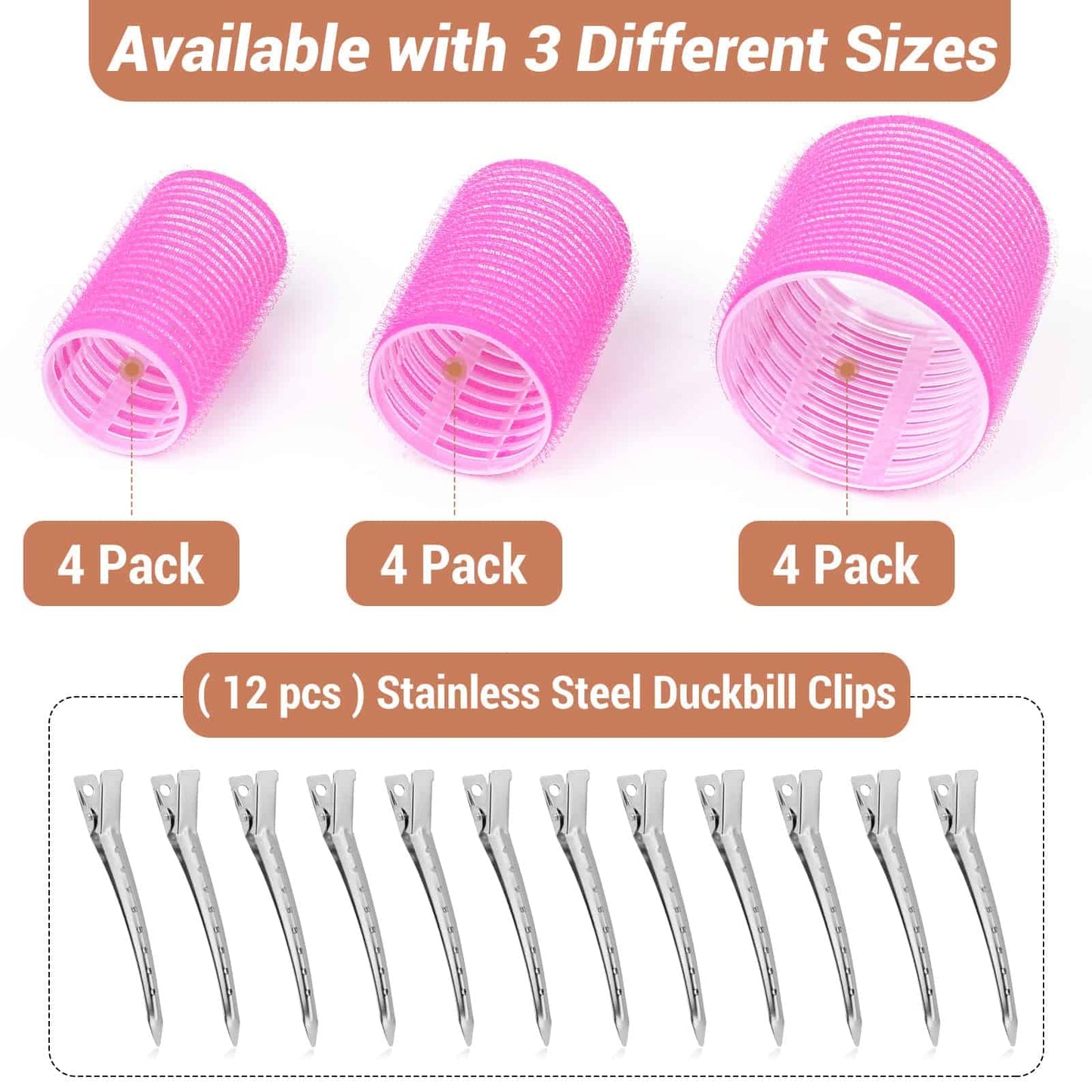 Three different sizes of jumbo large and medium velcro hair rollers arranged next to stainless steel duckbill clips.
