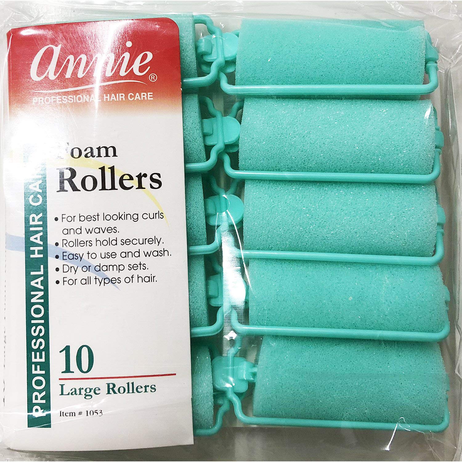 Close up view of a single one inch green Annie salon style foam hair roller with integrated locking mechanism.