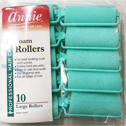 Close up view of a single one inch green Annie salon style foam hair roller with integrated locking mechanism.